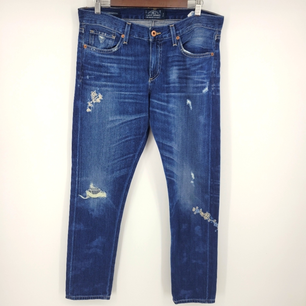 Lucky Brand Sienna Slim Boyfriend Jean Distressed Floral Embroidery Dark Sky